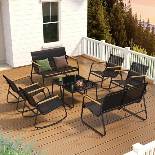 Miniatura 12 de Ahomly - Juego de 4 piezas de muebles de patio, juego de conversación para exteriores de Textilene con 2 sillas mecedoras y mesa de café con tapa