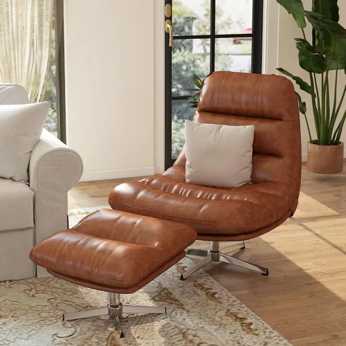Miniatura 8 de HNY Silla de salón giratoria marrón con otomana moderna silla de cuero sintético con reposapiés de 33 pulgadas de ancho, silla de lectura tapizada