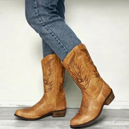 Miniatura 9 de Botas vaqueras para mujer, punta puntiaguda, a media pantorrilla, zapatos de moda occidental