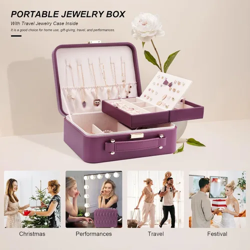 Miniatura 8 de V-LAFUY Organizador de joyas de viaje, organizador de joyas de viaje grande, joyero de viaje y estuche portátil para joyas de viaje, rojo burdeos