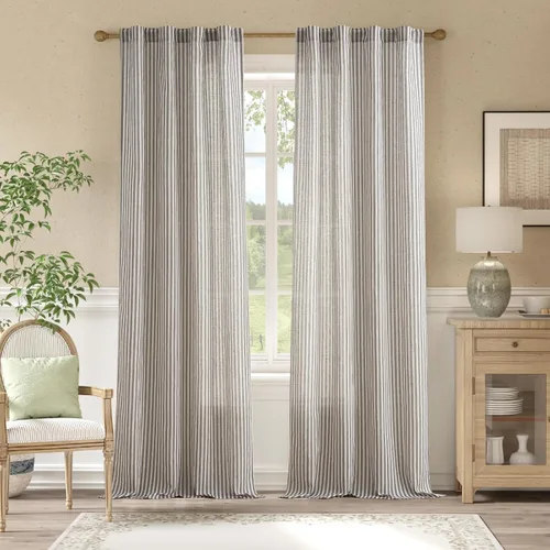 Miniatura 15 de JINCHAN Cortinas de lino para sala de estar o dormitorio, con estampado a rayas verde salvia sobre beige, rayas delgadas que filtran la luz