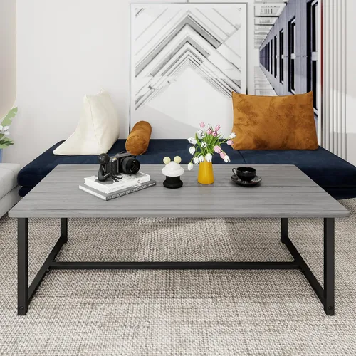Mesa de centro rectangular de granja para sala de estar, mesa de madera con marco de metal, diseño moderno de mediados de siglo, fácil montaje, mesa