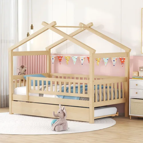 Harper & Bright Designs Cama de madera con nido, marco de cama Platforn para niños de tamaño individual con rieles de valla y techo para niñas y