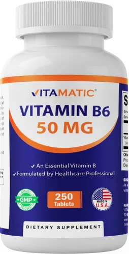 Vitamatic Vitamina B6 (Piridoxina HCI), 50 mg 250 tabletas vegetarianas - Promueve la producción de energía, aumenta el metabolismo y el apoyo a la