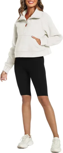 Miniatura 5 de LaLaLa Women's Cropped Sweatshirt Half Zip Fleece Quarter Zipper Pullover Hoodies Fall Outfits Clothes with Thumb Hole