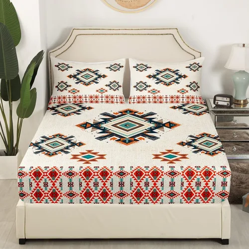 Miniatura 3 de Manfei Sábana bajera ajustable geométrica étnica tamaño individual, juego de ropa de cama de estilo indio americano, 2 piezas para niños y niñas
