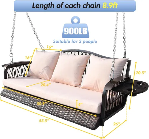 Miniatura 7 de ZZW Columpio de mimbre para porche, resistente, 900 libras, 3 asientos, silla columpio para patio al aire libre con cojines y cadenas de 8.9 pies