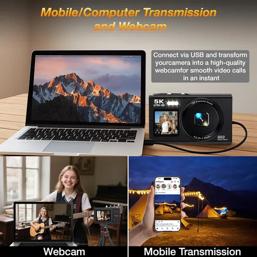 Miniatura 4 de Cámara digital de pantalla dual 5K para vlogging, cámara WiFi de 80MP con pantalla frontal, zoom 18X, luz de relleno, incluye tarjeta de 64GB y 2