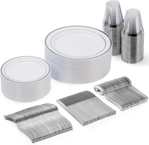 Miniatura 17 de Goodluck 600 Piezas Platos Desechables Plateados para 100 Invitados, Juego de Vajilla de Plástico de 100 Platos de Cena, 100 Platos de Ensalada, 100