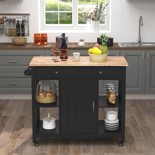 Miniatura 3 de ChooChoo Islas de cocina sobre ruedas con parte superior de madera, carrito de cocina móvil de madera utilitaria con almacenamiento y cajones