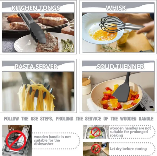Miniatura 3 de Umite Chef Juego de Utensilios de Cocina de Silicona, 34 Piezas Gadgets y Herramientas de Cocina Resistentes al Calor con Rallador, Mangos de Madera