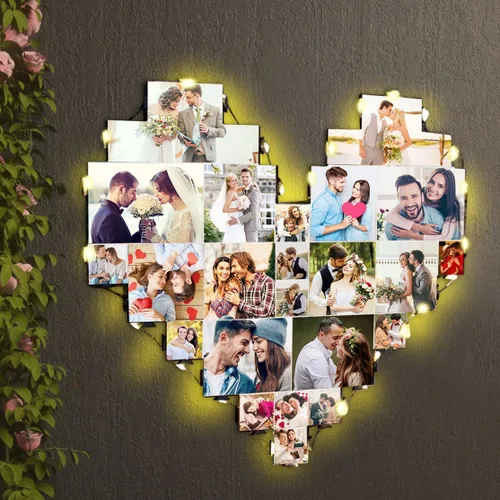 Marcos de fotos de corazón con 15 marcos de fotos personalizados para colgar en la pared con luz LED, collage de múltiples marcos de fotos para 15