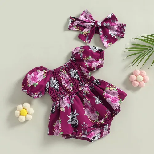 Miniatura 4 de Mameluco de verano para bebé, vestido de verano, camisola de lino y algodón, con diadema, sin mangas, estampado, conjunto de 2 piezas