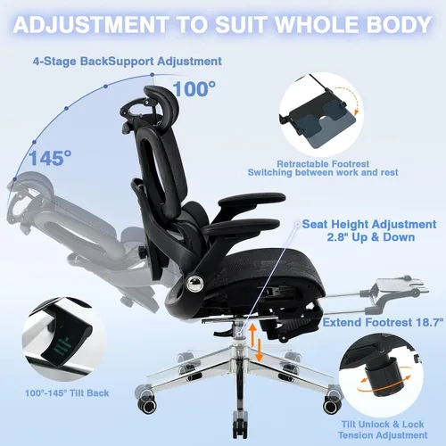 Miniatura 8 de Silla de oficina ergonómica de malla con reposapiés, silla de escritorio de respaldo alto con reposabrazos 4D, soporte lumbar dinámico de 3 zonas