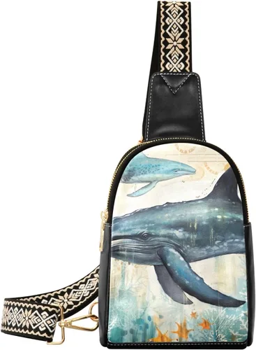 Sling Backpack Whale Vintage Sling Bag for Women Crossbody Shoulder Bag Leather Fanny Pack Chest Bag for Travel Hiking 202A1814