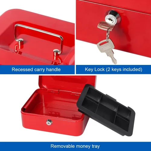 Miniatura 2 de Caja de dinero pequeña con bandeja de dinero y cerradura, caja de dinero de metal para efectivo, caja de seguridad de 7.87 x 6.3 x 3.54 pulgadas