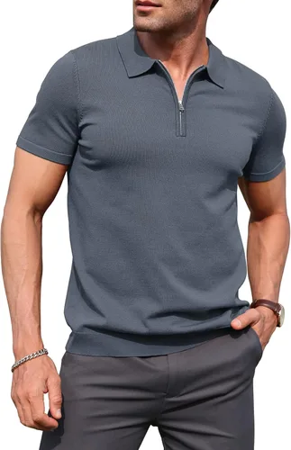 Miniatura 7 de RQP Camisas polo con cremallera para hombre, camisas casuales de punto de manga corta/larga, camisas de golf elásticas ajustadas, suéter suave