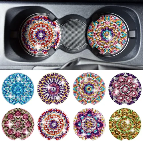 Kajaia 8 posavasos de auto con pintura de diamante con base de corcho, posavasos de mandala, kits de arte de pintura de diamante, suministros de