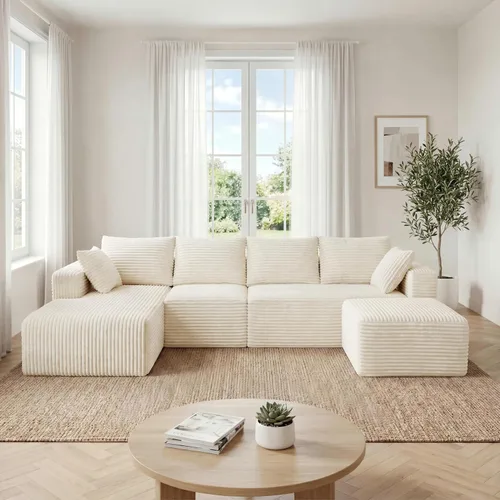 Miniatura 3 de Sofá otomano modular de pana de 28 pulgadas sin hueso, sofá otomano seccional para sala de estar, color beige