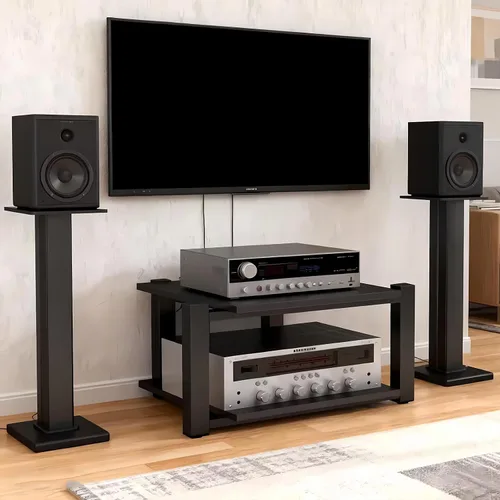 Miniatura 8 de Av - Estante de audio resistente, soporte para reproductor multimedia con estantes de madera, gabinete de equipo estéreo de CD negro, adecuado