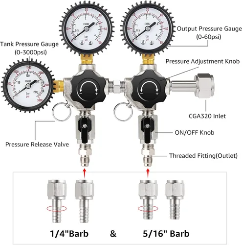 Miniatura 2 de MRbrew Regulador de CO2 de barril de doble salida, regulador de barril CGA-320, regulador de cerveza de barril, montaje de extremo roscado