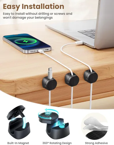 Miniatura 5 de Kanemc Clips de cable para escritorio, organizador magnético de alambre giratorio de 360°, gestión de cables autoadhesivos para escritorios