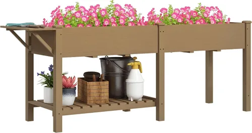 Miniatura 13 de Outsunny - Jardinera elevada de madera con estante de almacenamiento, orificios de drenaje y forro para el patio trasero, la terraza, el balcón, 47
