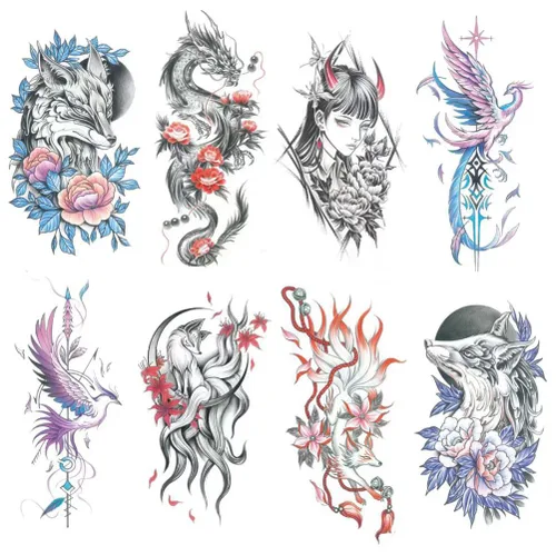 Miniatura 14 de 8 hojas de tatuajes temporales negros con flechas, brújulas, plumas, dragones, anclas, espadas, serpientes, árboles y flores para el brazo