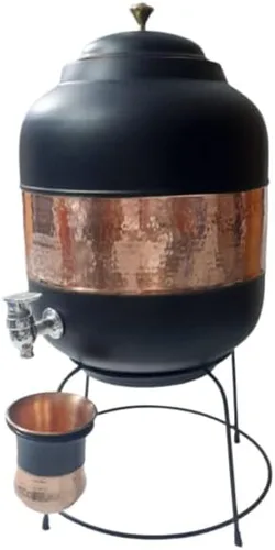 Miniatura 2 de Ornate International Pure Copper Water Dspenser/Matka/Enfriador de agua/Storae Water 14 litros con 11.8 fl oz de vidrio de secuencia media Negro