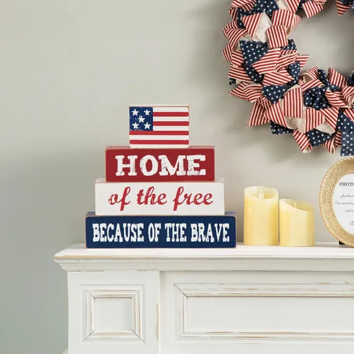Glitzhome Bandera estadounidense de 8 pulgadas de alto, decoración patriótica del hogar de los libres por el valor de madera para el 4 de julio, Día