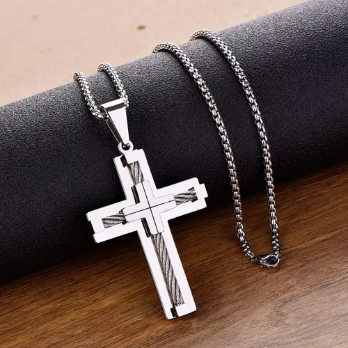 Miniatura 4 de YL Collar de cruz para hombre de acero inoxidable 316L, colgante grande de Jesucristo blancodoradonegro, cadena Rolo de joyería para 20 pulgadas, 22