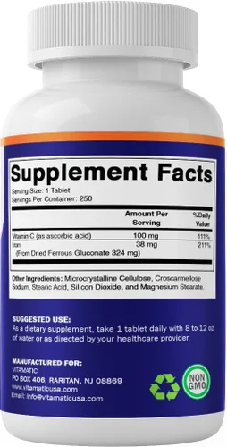 Miniatura 8 de Vitamatic Gluconato ferroso 324 mg + vitamina C 100 mg – Sin aditivos de color artificial – Suave para el estómago – 250 tabletas recubiertas