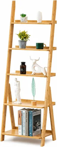 Miniatura 9 de Maydear - Estantería de escalera de bambú, estantería inclinada de 4 niveles, organizador de almacenamiento independiente para sala de estar, Nogal