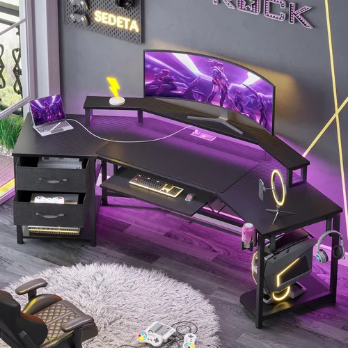 SEDETA Escritorio para juegos de 79 pulgadas, escritorio para computadora con 2 cajones de tela y luz LED, escritorio para juegos en forma de L con