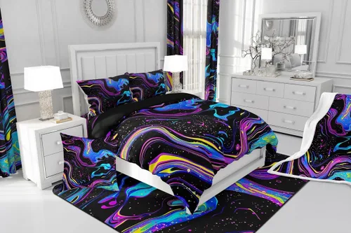 Miniatura 6 de Erosebridal Juego de ropa de cama abstracta azul neón para niñas y mujeres, funda de edredón geométrica de mármol con rayas en espiral, funda