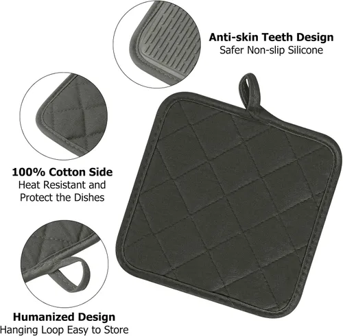 Miniatura 4 de Juego de 5 manoplas de cocina, juego de 5 manoplas de horno, juego de almohadillas y toallas, mini guantes de cocina de silicona resistentes al Gris