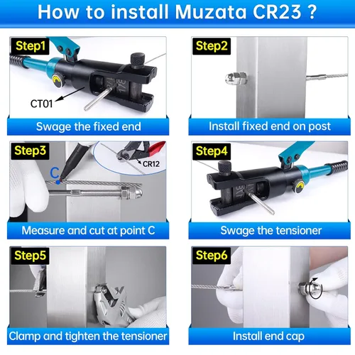 Miniatura 24 de Muzata Paquete de 10 accesorios de barandilla de cable negro de 1/8 pulgadas, tensor roscado a mano para poste de metal de 2 x 2 pulgadas, sistema