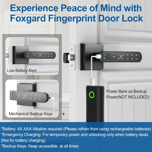 Miniatura 5 de Foxgard Cerradura de Puerta Inteligente con Huella Dactilar: Perilla de Puerta con Huella Dactilar - Cerradura de Puerta Biométrica 5 en 1 con Negro