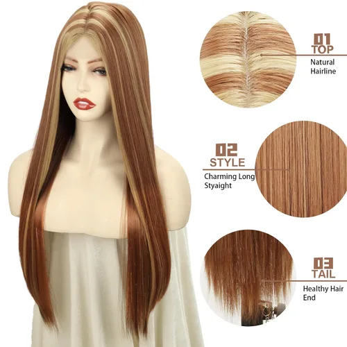 Miniatura 3 de Xinran Pelucas rubias degradadas para mujer, peluca larga y lacia marrón rubia, mezcla de área pequeña, encaje frontal, reemplazo de línea capilar