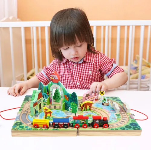 Miniatura 2 de Juego de tren de 18 piezas para niños pequeños, ferrocarril de mesa de madera para niños a partir de 3 años, juguetes de tren portátiles y duraderos