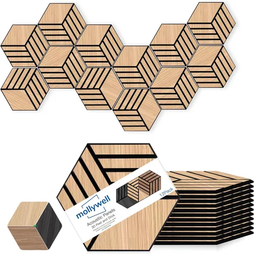 Miniatura 15 de Mollywell Paneles acústicos, decoración de grano de madera de PVC, azulejos de pared con patrón tallado de 12 x 12 pulgadas, autoadhesivos