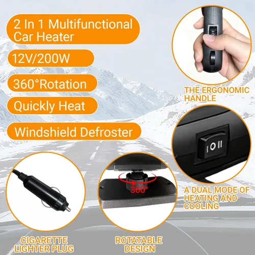 Miniatura 2 de Calentador y ventilador de coche de 12 V 200 W, descongelador portátil de modo dual, giratorio de 360° para desempañar el parabrisas del calentador