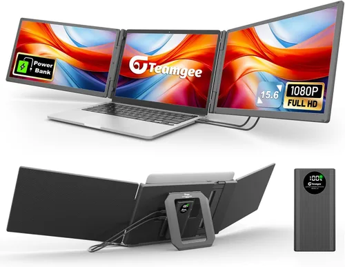 Teamgee Extensor de pantalla para laptop de 15.6 pulgadas con banco de energía, monitor triple FHD 1080P IPS, pantalla HDMI/USB/Hub Plug-Play, se
