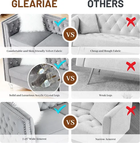 Miniatura 4 de Chesterfield - Sofá biplaza de lujo con patas acrílicas, sofás de 2 plazas, moderno de 59.84 pulgadas, con botones de diamante copetudo, con ribete