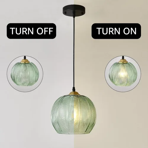 Miniatura 5 de Lámpara Colgante de Cristal Verde, Iluminación Colgante de Globo Grande Individual de 9.8 Pulgadas Nórdica Acanalada para Techo Colgante, Lámpara