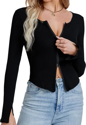 Miniatura 5 de LYANER Camiseta de manga larga con cuello en V profundo y cremallera frontal con abertura frontal para mujer