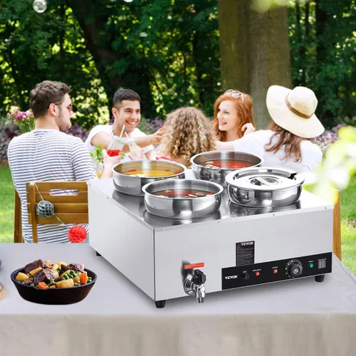 Miniatura 8 de VEVOR Calentador de Sopa Eléctrico, Cuatro Ollas Redondas de Acero Inoxidable de 7.4QT con Temperatura Ajustable de 86~185°F, Bain Marie Comercial
