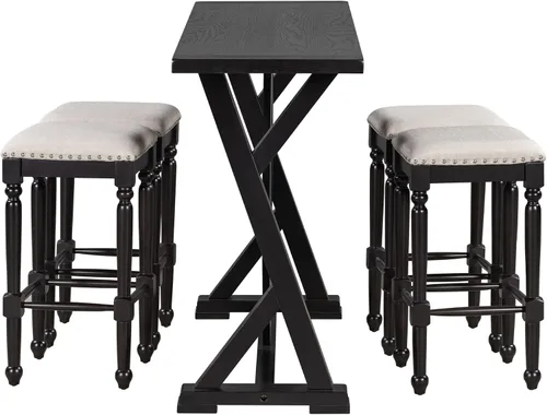 Miniatura 4 de Mid-Century - Juego de comedor de 5 piezas, altura de mostrador, mesa consola de madera con patas de caballete y 4 taburetes para lugares pequeños