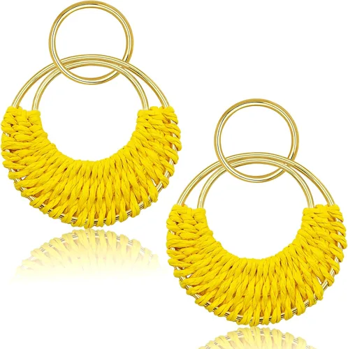 Ronglry Aretes bohemios de ratán de rafia para mujeres y niñas, ligeros, hechos a mano, de mimbre trenzado, grandes, divertidos, modernos, regalos
