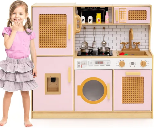 Miniatura 15 de Costzon Juego de cocina para niños, cocina de juguete de madera con luz y sonido, microondas, máquina de hielo, horno, fregadero y grifo, accesorios